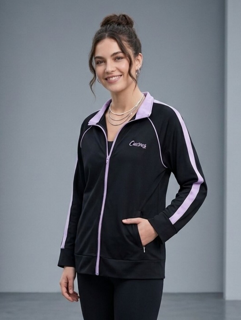 Curves Activewear Full-Zip Track Jacket, Black & Lilac, size L